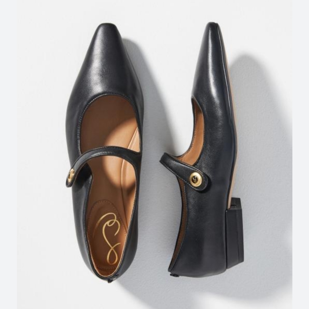 Sam Edelman Black Leather Mary Jane Flats with Gold Button